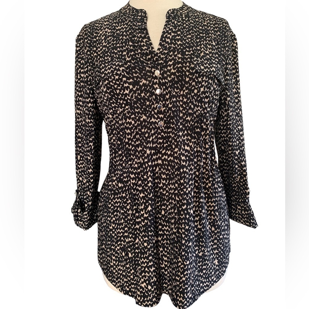 COCOMO Large Black Beige 3/4 sleeve women’s Pintuck Blouse top shirt tun… - Picture 3 of 13